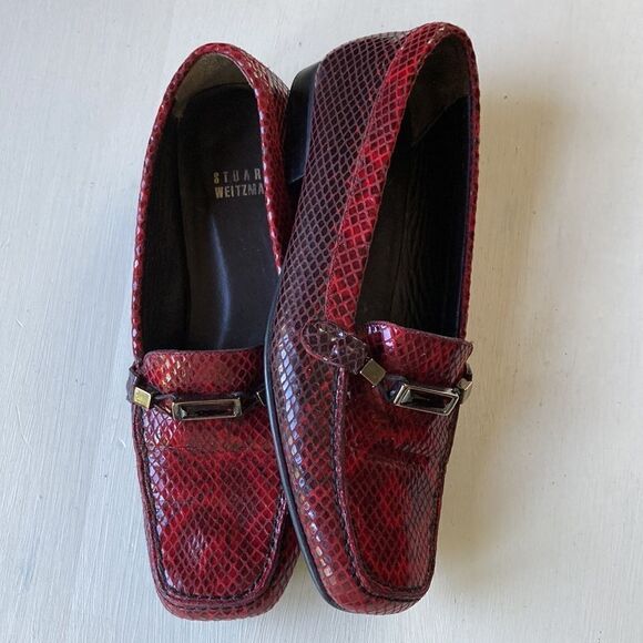 Stuart Weitzman Hazel Snakeskin Deep Red Embossed Leather Driving Loafers Sz 5 - Picture 16 of 16